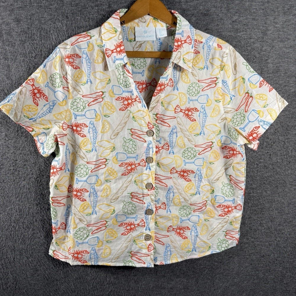 Cynthia Rowley Lobster Seafood Embroidered Button Up Top Sz L Coastal Tourist